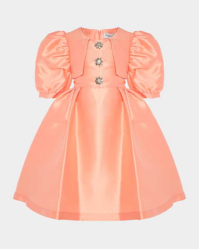 Girl's Brooch Balloon-Sleeve Dress, Size 3T-12